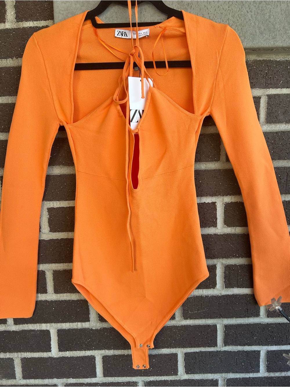 ZARA Bright Orange Tie-Front Long Sleeve Bodysuit